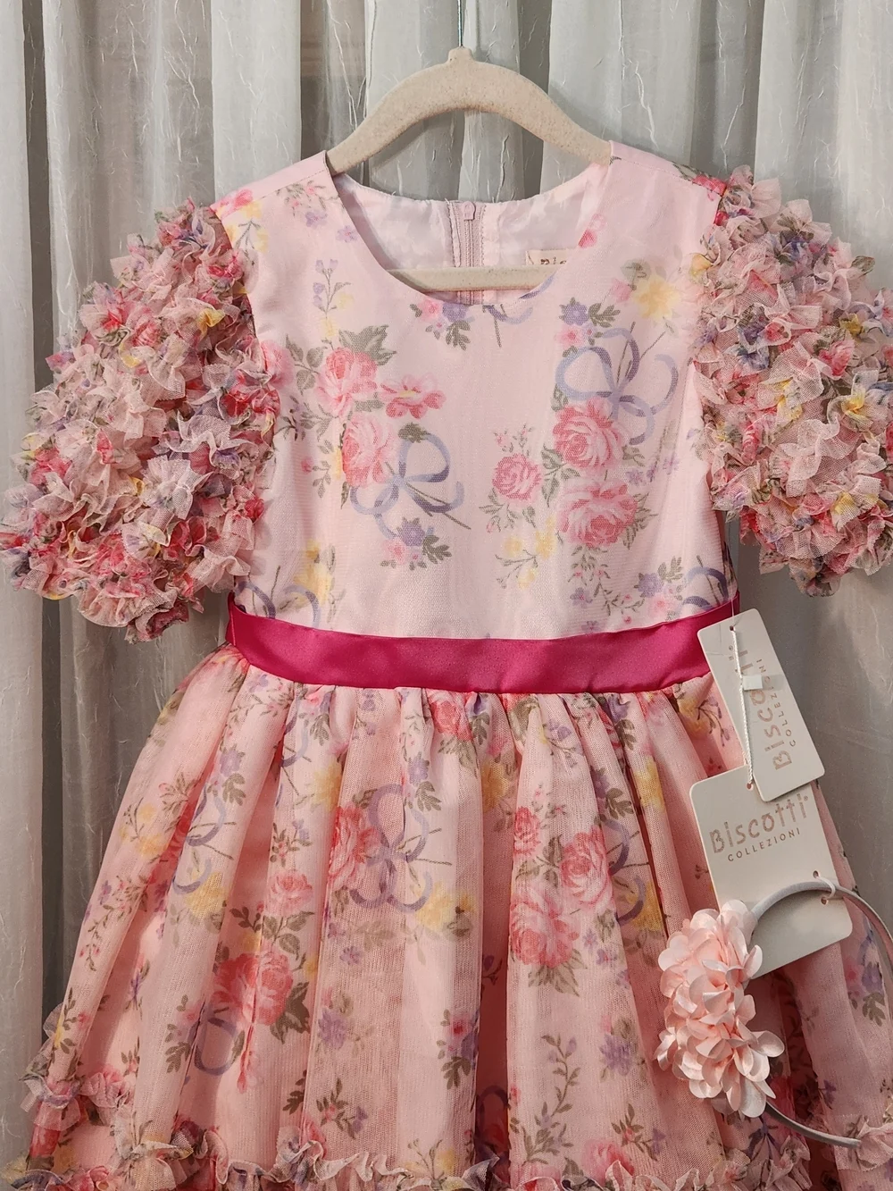 Biscotti Pink Floral Ruffle Party Dress w/ Headband, Size 7, NWT